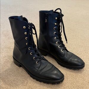 Stuart Weitzman Black Leather Lace-Up Ankle Boots with Gold Eyelets